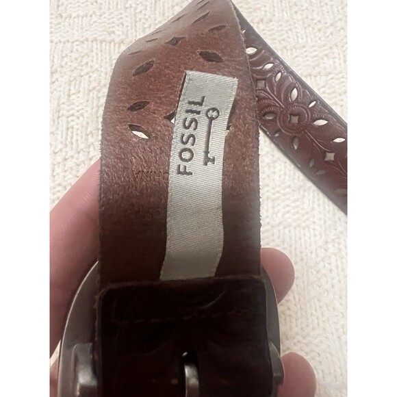 Fossil Belt Womens Small Brown Genuine Leather Brass Hardware Boho Retro Hippie - Picture 4 of 6